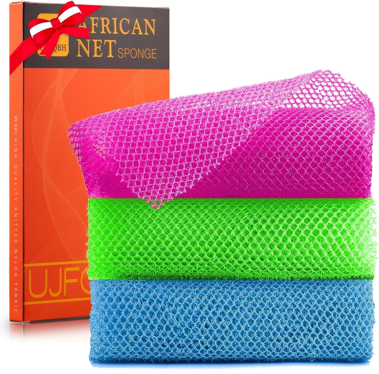 UJFQBH 3 Pieces African Bath Sponge African Net Long Net Bath Sponge Exfoliating Shower Body Scrubber Back Scrubber Skin Smoother,Great for Daily Use (Pink,Yellow,Purple)